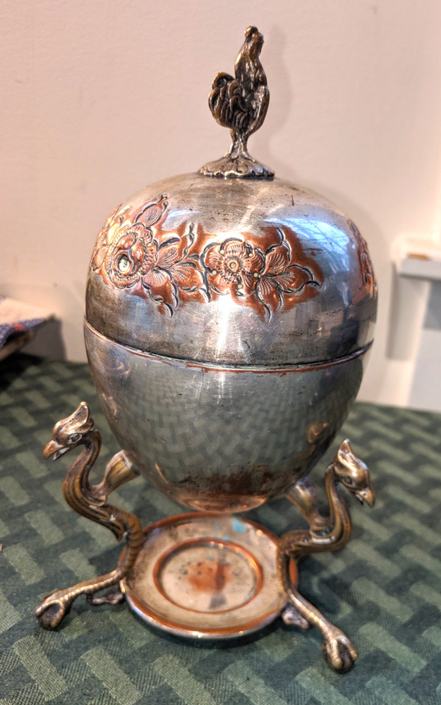 Antique Decorative Egg Table Centerpiece Silver Plate & Copper Rooster Griffin