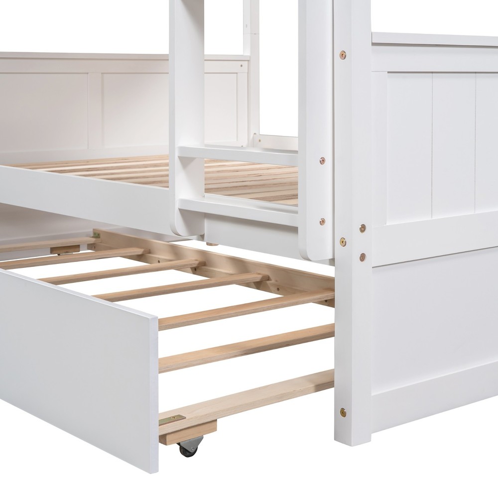Full Over Full Bunk Bed with Twin Size Trundle White Easy Conversion for Bedroom