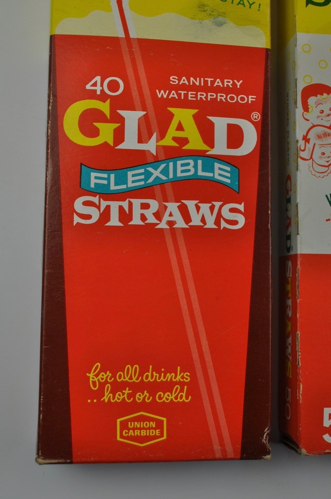 Vintage Glad Straws Made in USA Pre-Bar Code 2 Boxes Union Carbide PROP