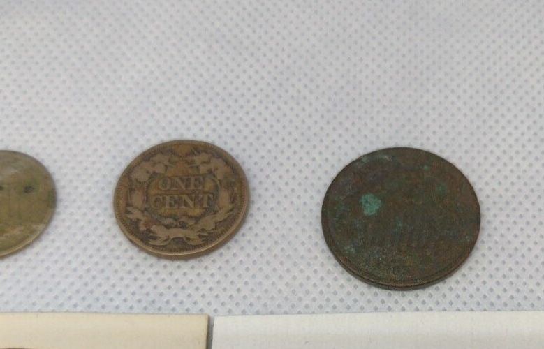 1865 & 1869 Two Cent, 1857 One Cent, 1866 Three Cent, No Date Lg Cent (B120)