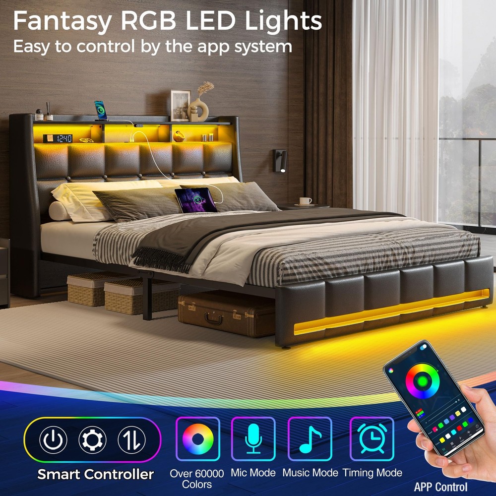 Full Size Bed Frame with LED Lights and Charging Station, Upholstered Headboa...