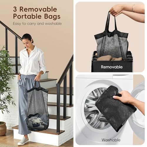 185L Laundry Hamper 3 Section, Laundry Hamper with Lid, 185L - 3 Section Black