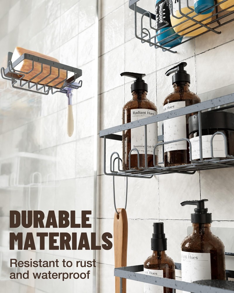 Adhesive Shower Caddy 6-Pack Wall-Mounted Large Capacity with Accessories Grey