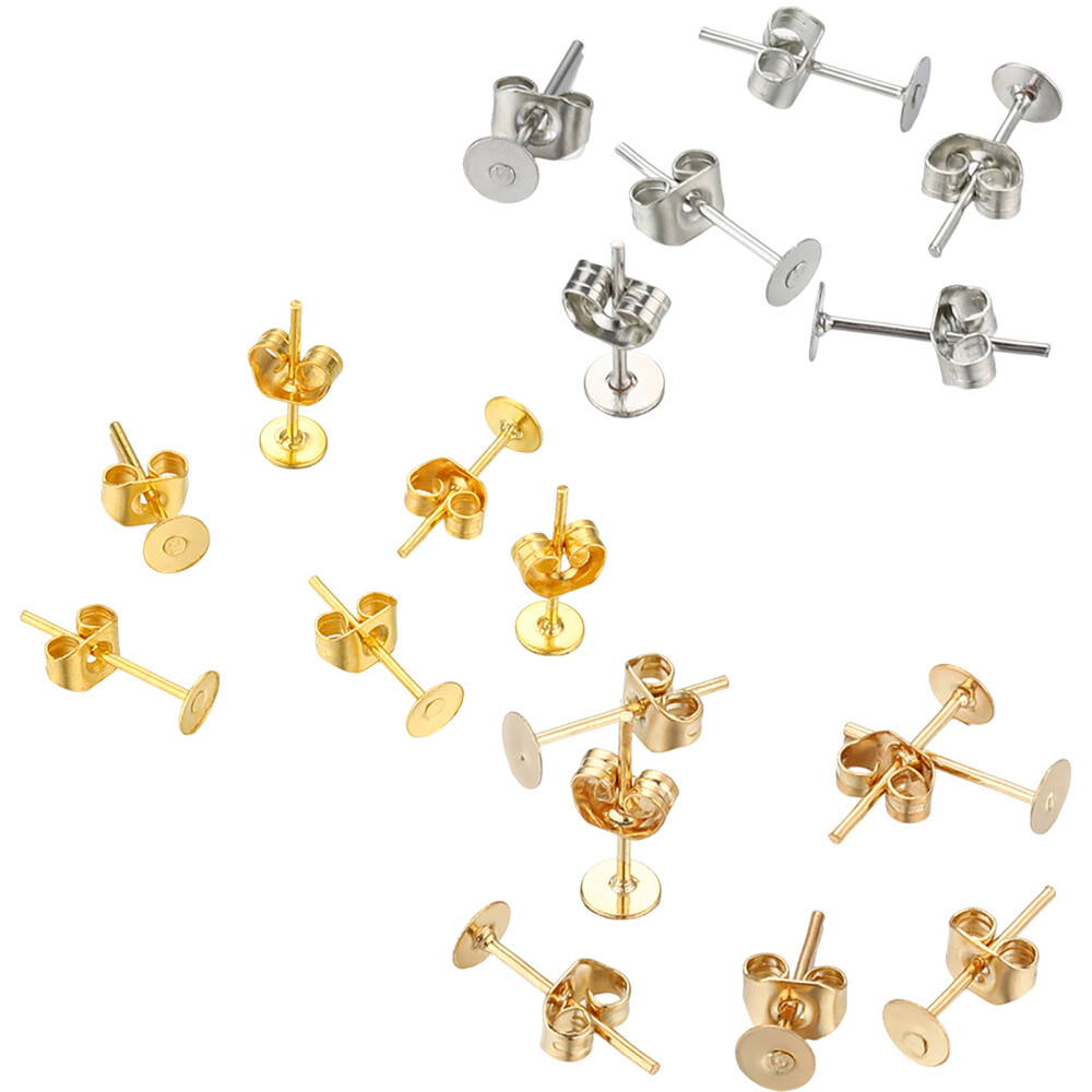 100pcs Stainless Steel Blank Pad Flat Earring Post Studs Base Pins with Ear Back