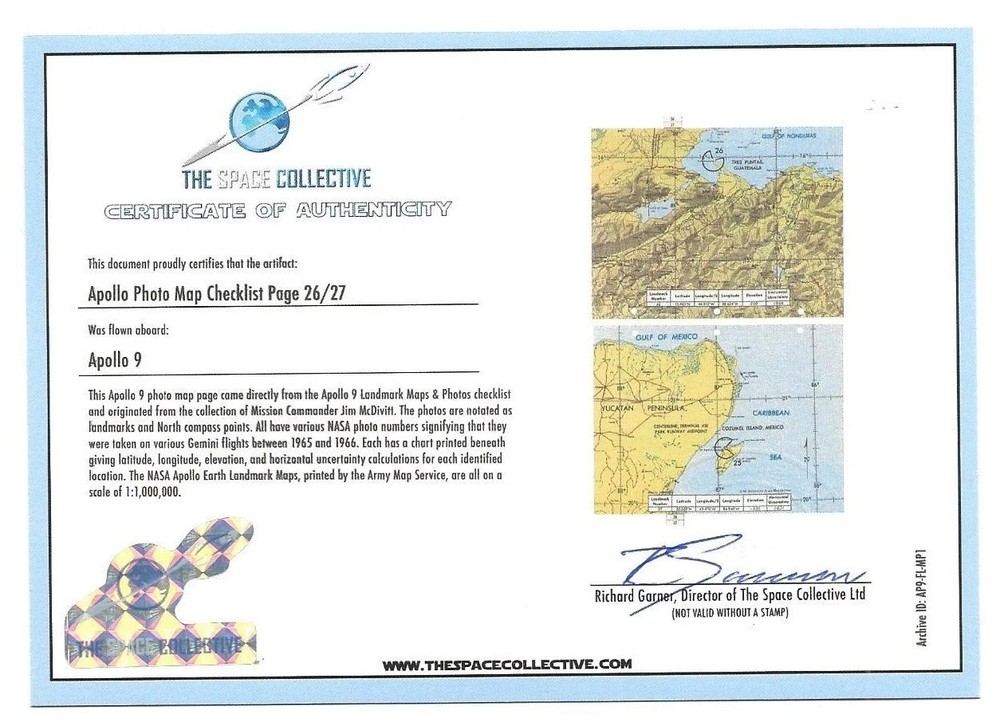 Flown NASA Apollo IX Command Module Map Page Vintage w/2 LOA