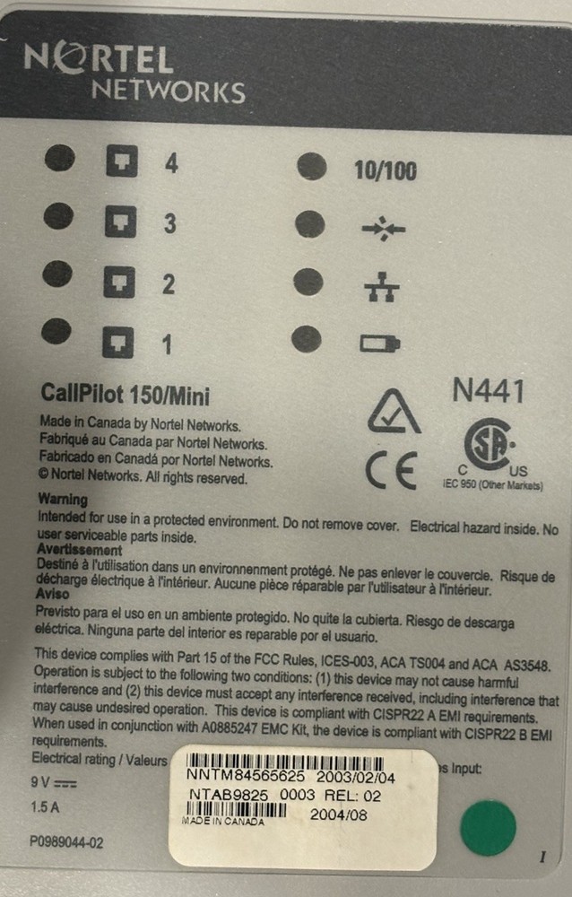 Nortel CallPilot 150/Mini NTAB9825 Voicemail System 32 Mailboxes W/Manual
