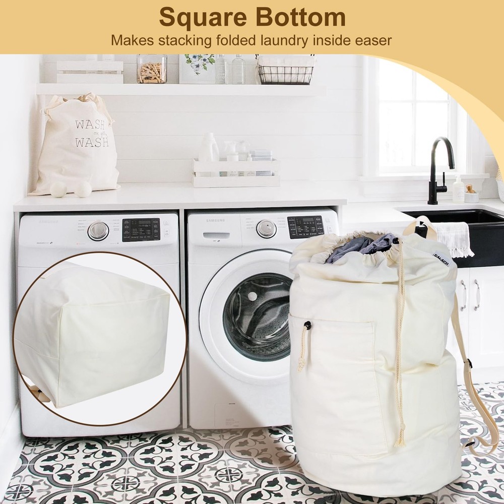 Laundry Bag Backpack, Canvas Laundry Bag with Straps & Drawstring Closure Was...