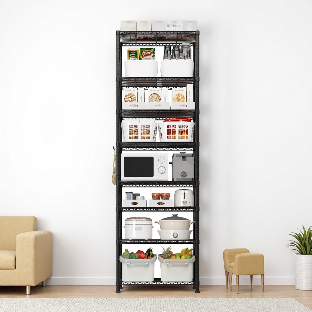 8-Tier Wire Shelving Unit - Heavy Duty, Adjustable, Hooks, Modular & Black