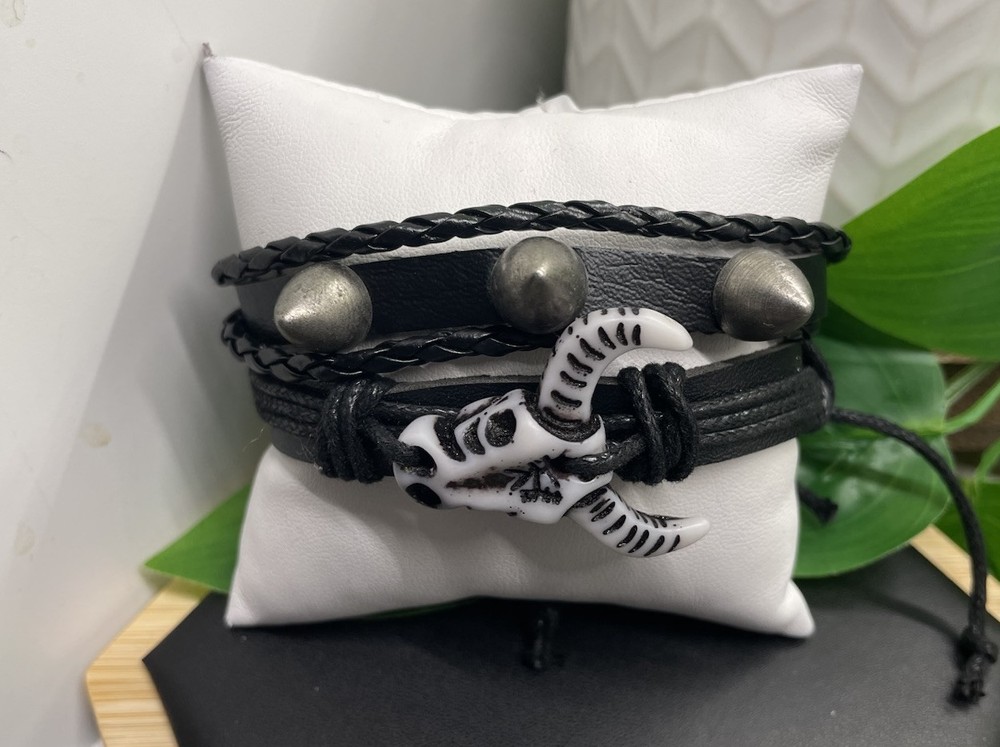 2 PC Leather Bracelet  Stackable Adjustable Tie Free Ship Bull Western  B5192