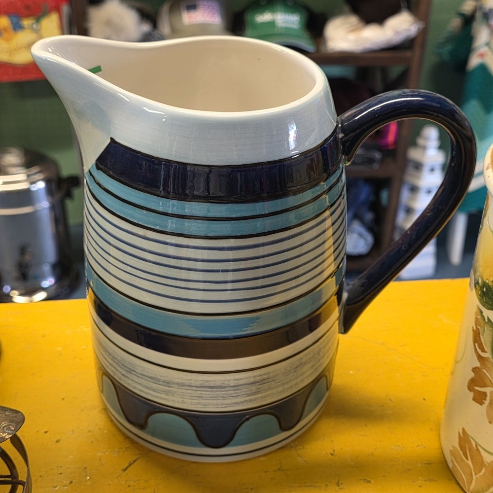Pfaltzgraff Cool River Striped Blue Ceramic Pitcher Dishwasher & Microwave Safe