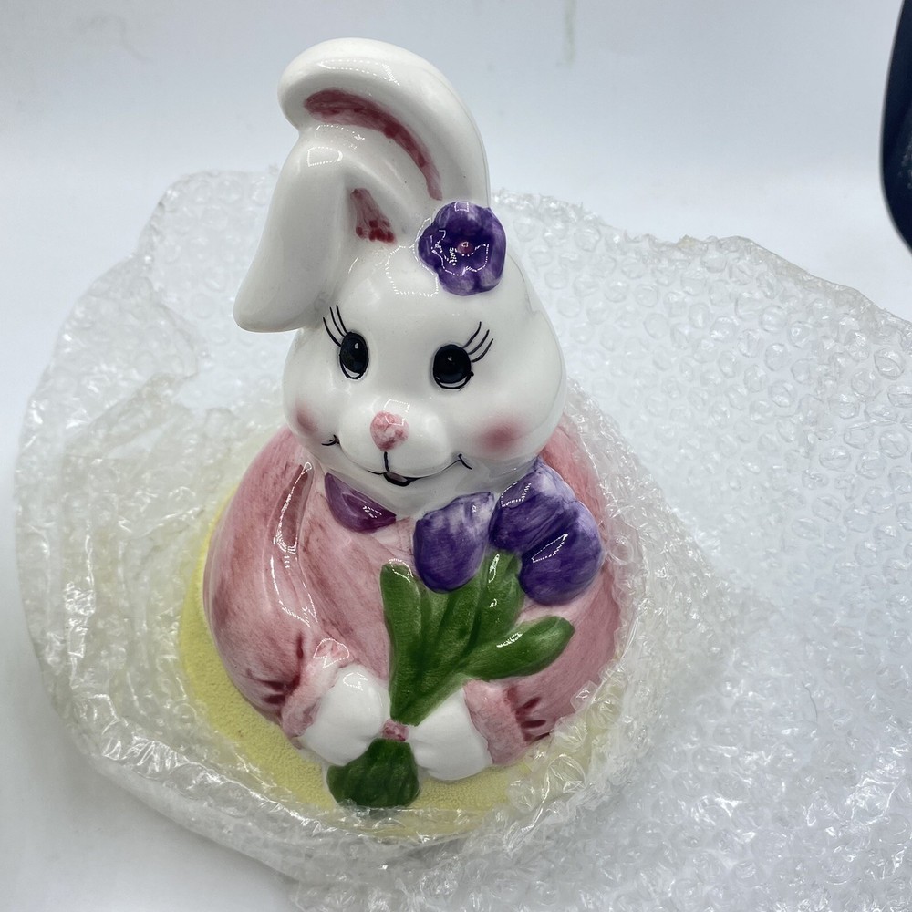 Easter Bunny Rabbit Ceramic Candy Jar W/ Felt Bottom NWOB