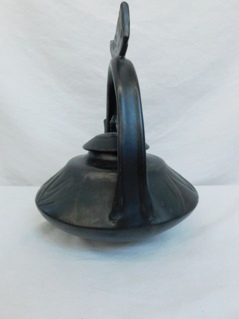 BLACK MATTE STUDIO ART POTTERY TEAPOT FLYING HANDLE ARTIST SIGNED