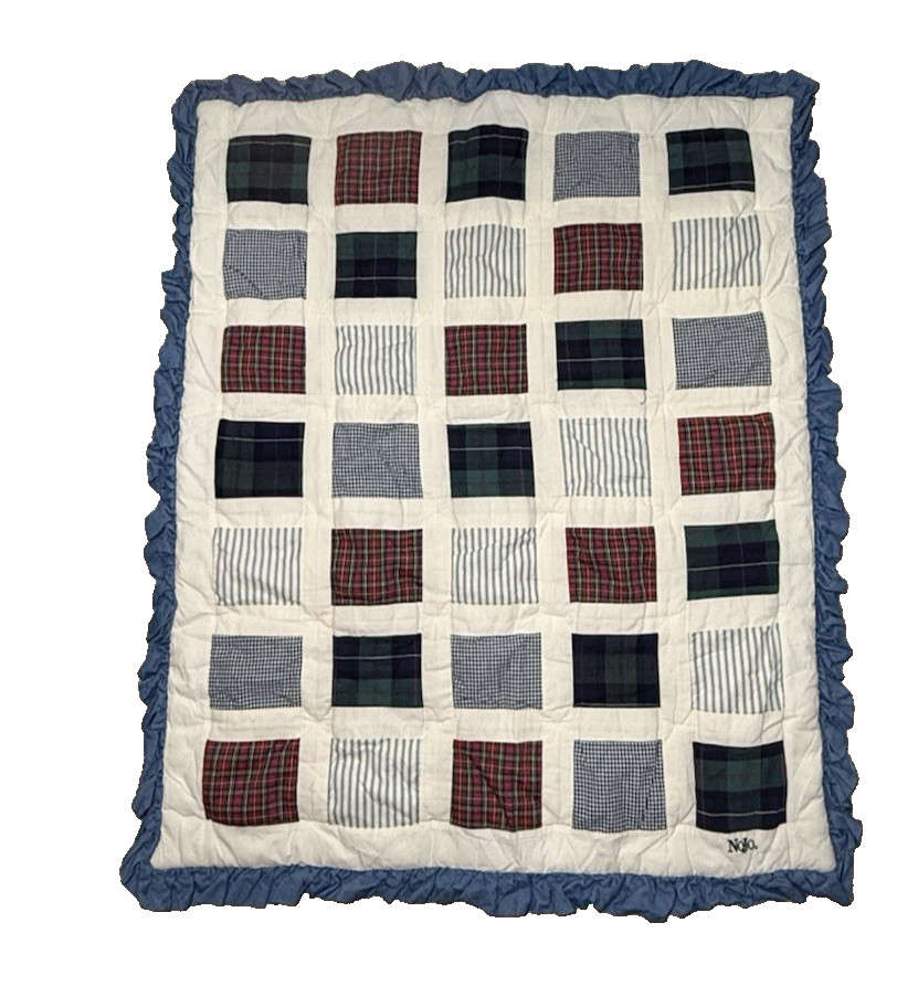 Nojo Plaid Patchwork Baby Blanket Crib Vtg Bedding Nursery Chambray Ruffle