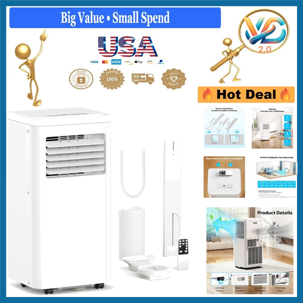 8000 BTU Portable Air Conditioner 4 Modes Remote LED Display for Rooms Up to ...