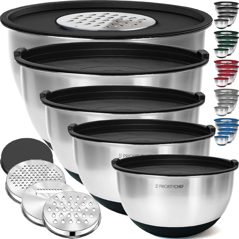 Priority Chef Stainless Steel Mixing Bowls with Lids Set, 3 Grater Attachments