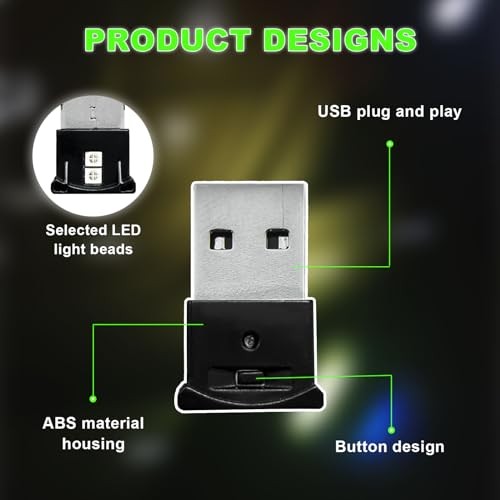 Mini USB LED Light, 8 Colors RGB Car USB LED Interior Atmosphere Light, 2 PCS