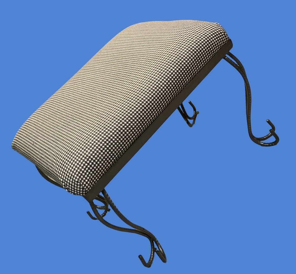 Foot Stool, Metal Base, Black And White Gingham Fabric