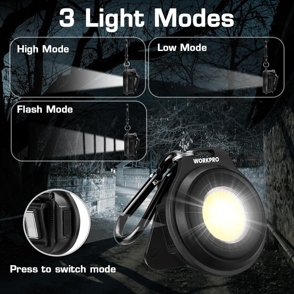 WORKPRO Rechargeable Magnetic Mini COB Work Light Keychain Flashlight w/Hat Clip