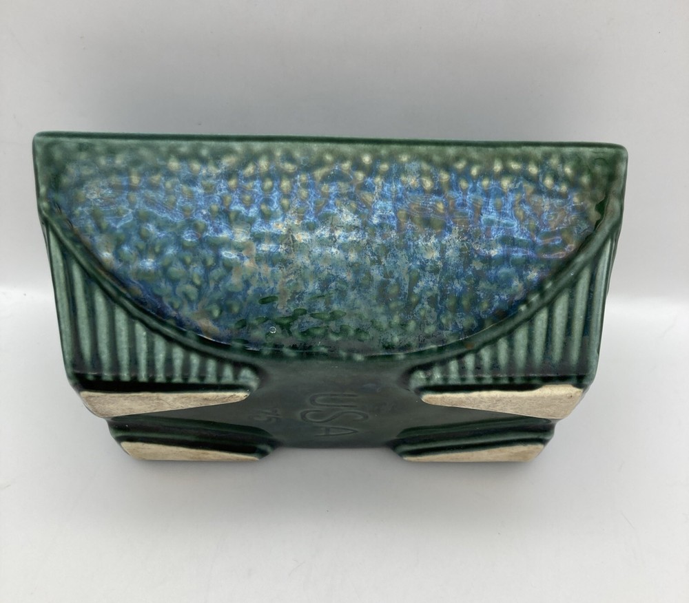 Vintage USA Pottery #75 Rectangular Iridescent Green Planter Footed Embossed