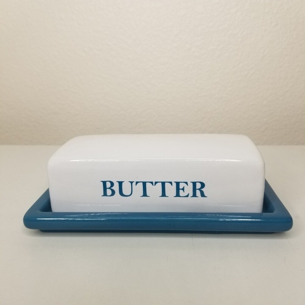 Stoneware Butter Dish Covered Butter Keeper Teal Blue White