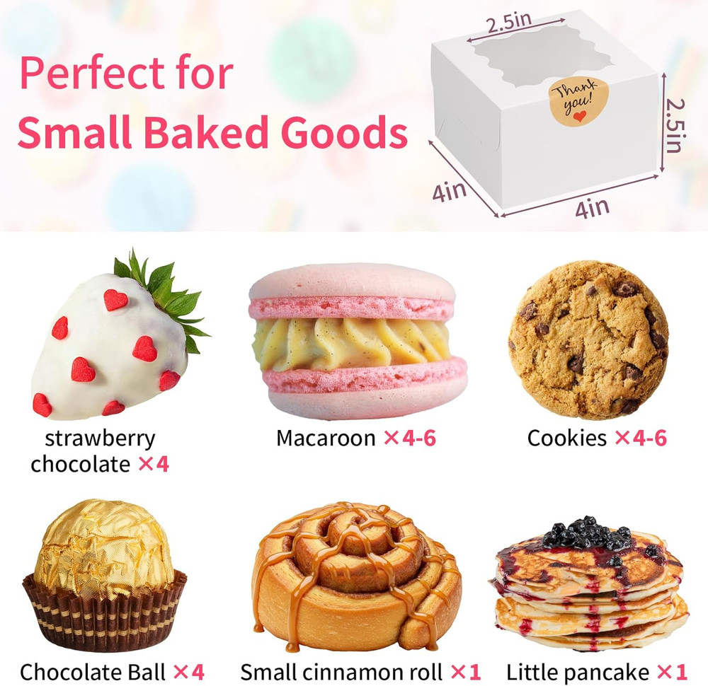 24Pcs White Cookie Boxes, 4X4X2.5 Inches Bakery Boxes with Window, for Mini C...