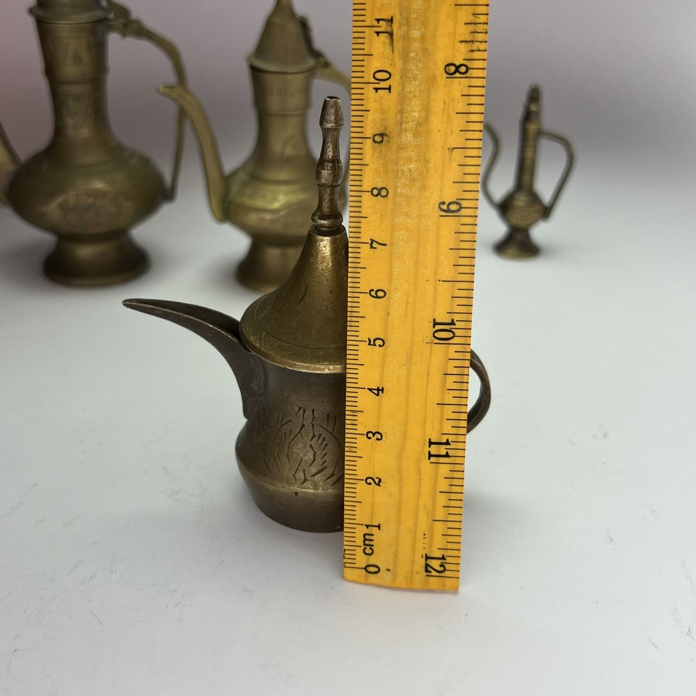 Antique-Style Brass Dallah Coffee Pot Set – 5 Mixed Sizes, Hand Engraved 1960s