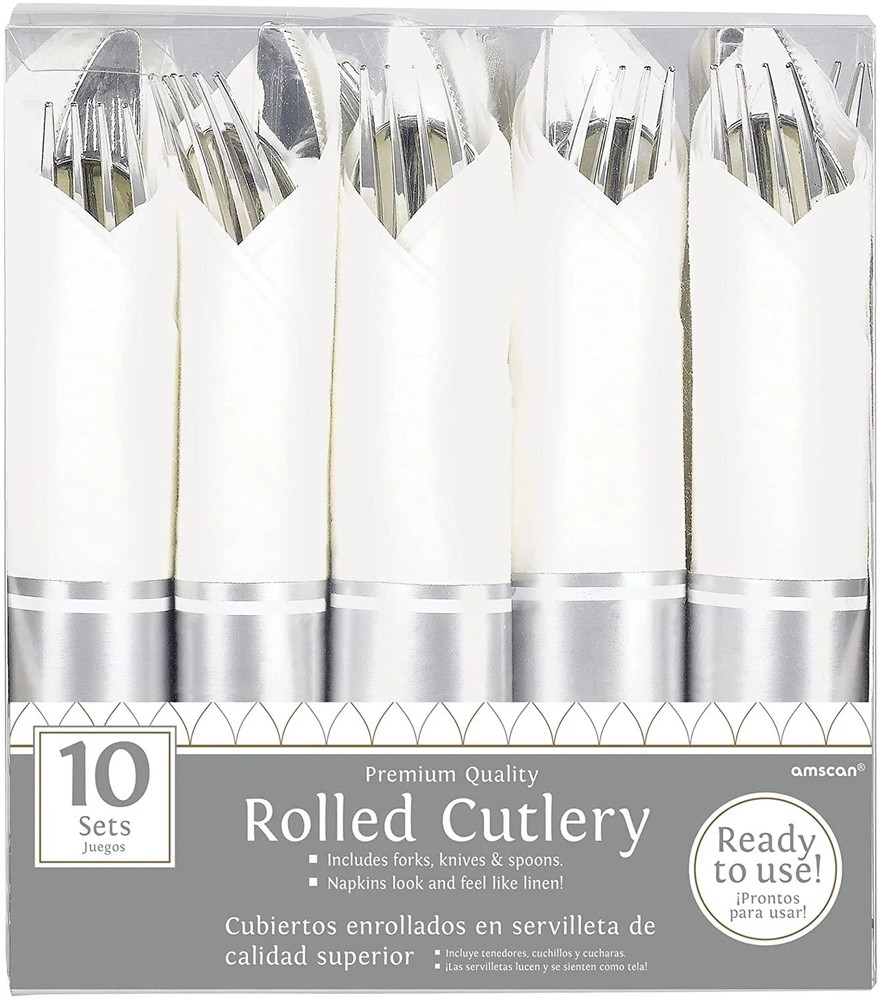 Rolled Silver Premium Plastic Cutlery Sets 10 Count Spoons Forks Knifes