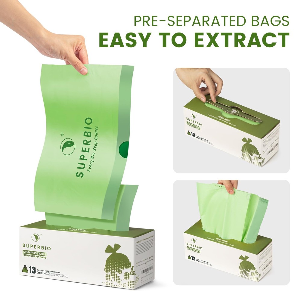 13 Gallon Compostable Drawstring Kitchen Waste Bag, 49.2 Liter, 30 Count,1 Mi...