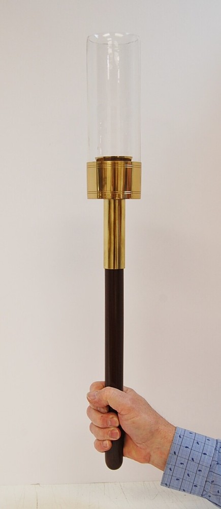 BRASS PROCESSIONAL HAND HELD TORCH / CANDLESTICK / ACOLYTE WOOD HANDLE (#309)