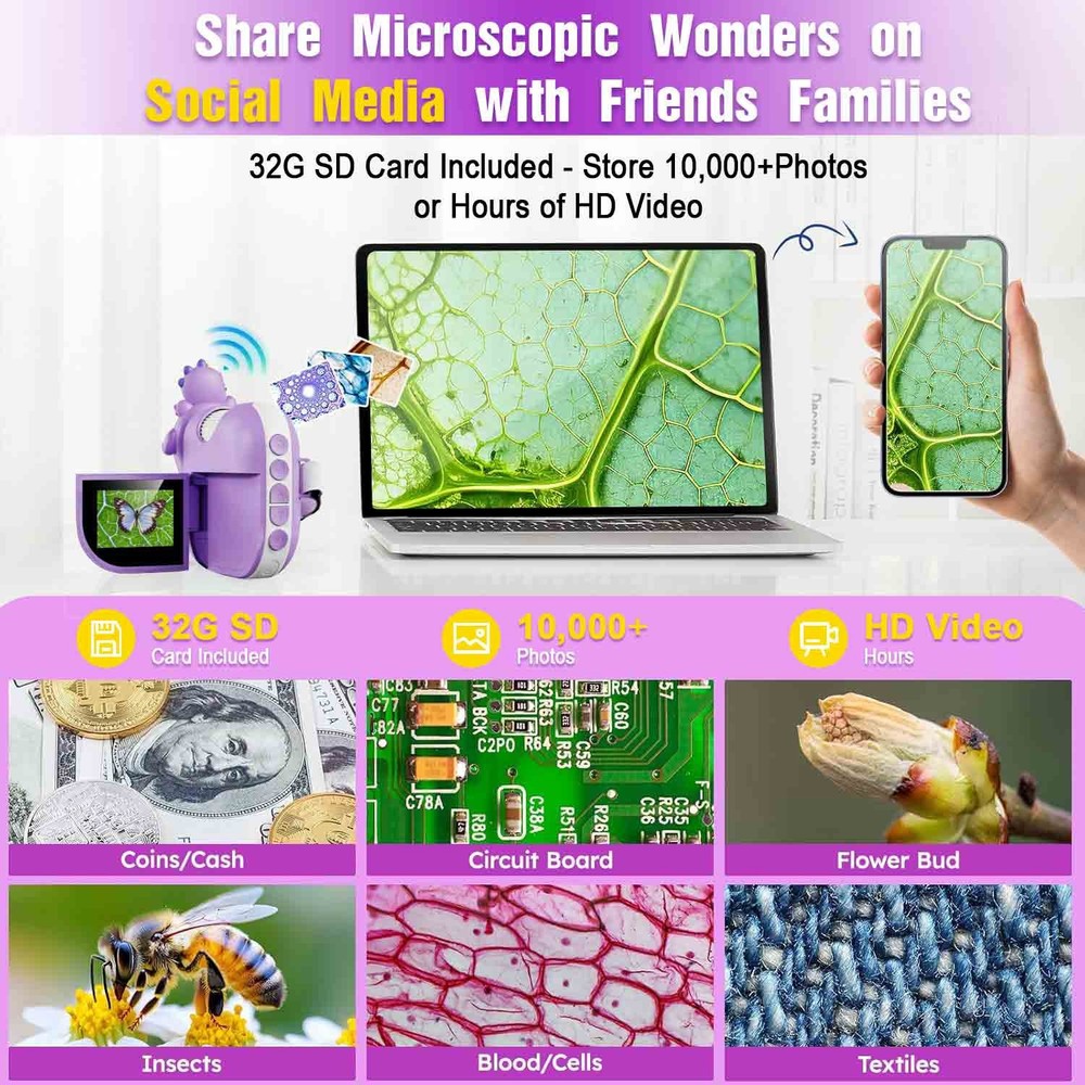 Handheld 2" LCD Screen Digital Microscope 1000X Magnifying Glass for Kids