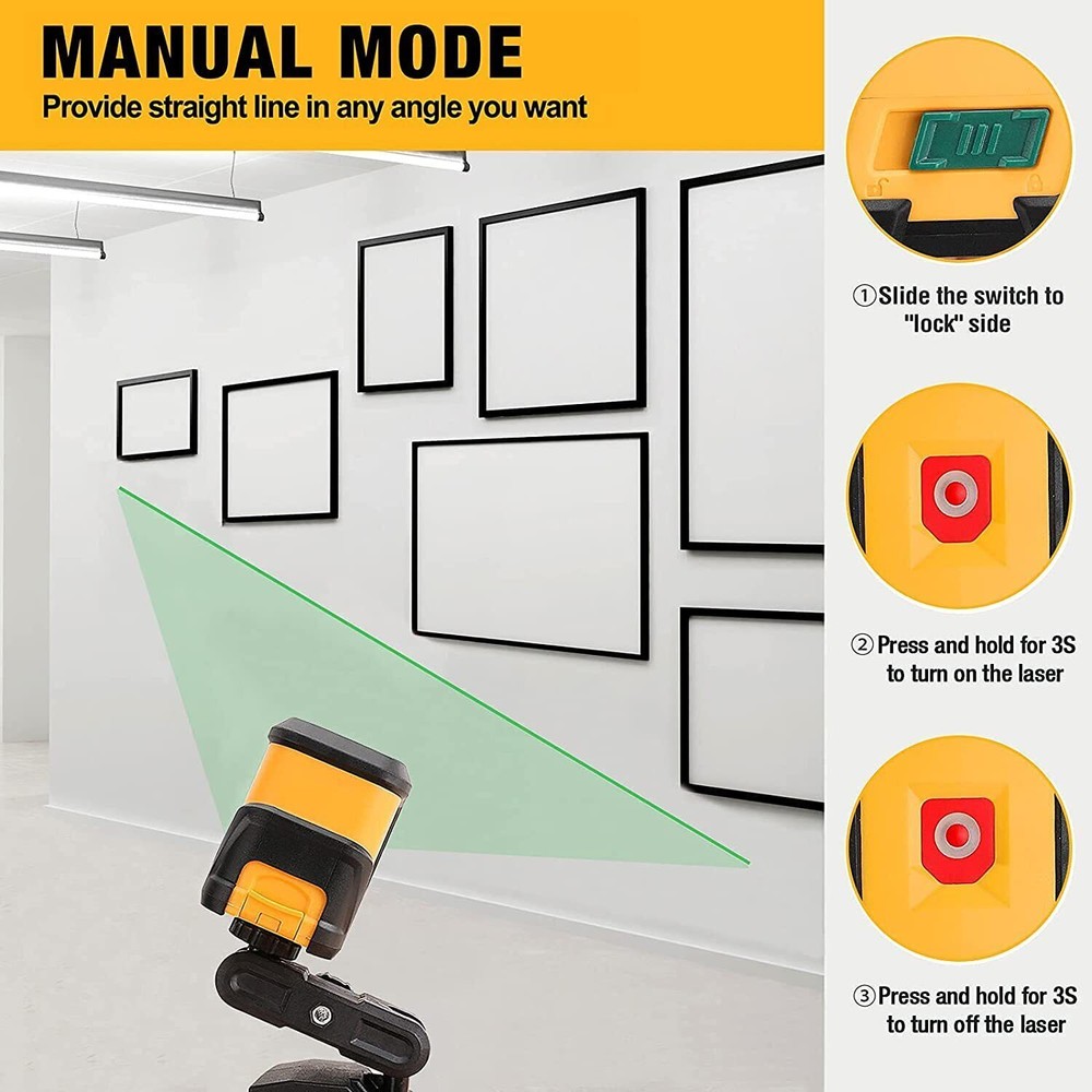 REXISO 65FT Self Leveling Cross Line Laser Level Green Beam Manual LED Indicator