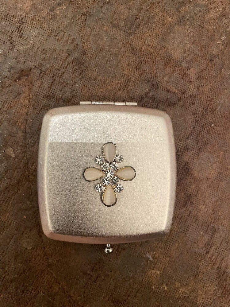 Retro Art Deco Silver Opal Crystal Fiore Mirror Compact W/ Push Button Closure