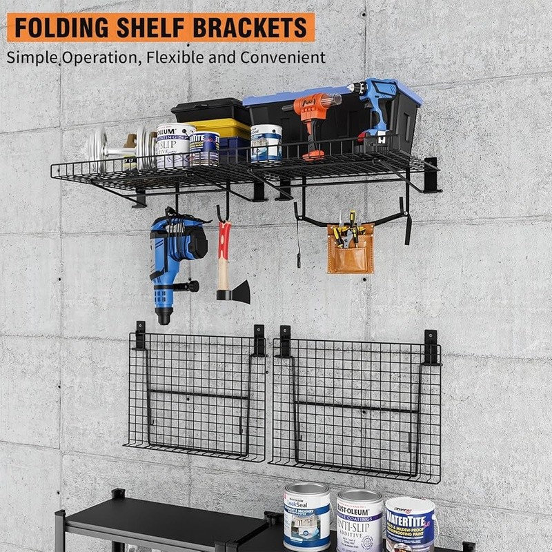Heavy Duty Metal Wall Shelf Space Saving Storage System W/ Extra Hooks Garage US