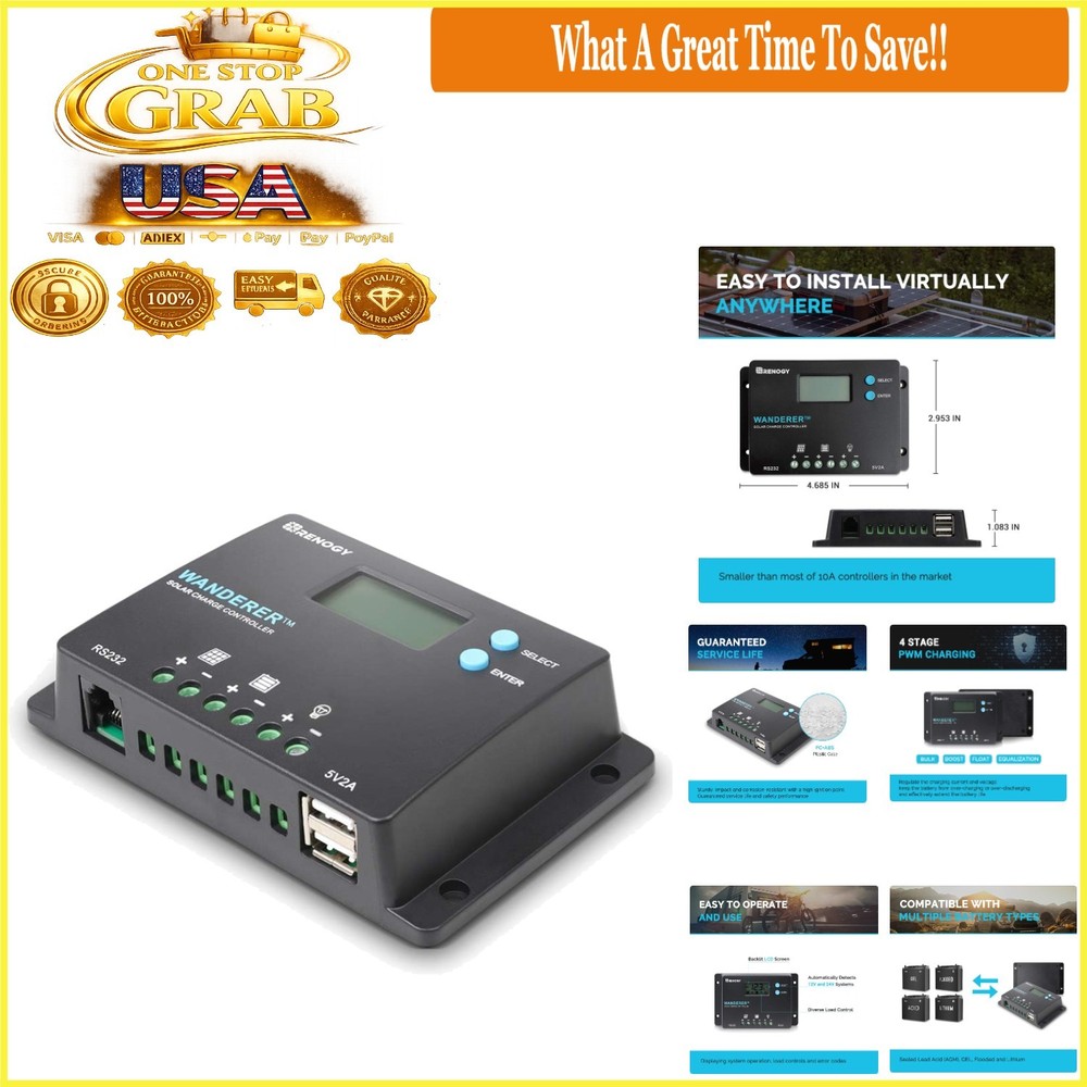 Wanderer 10A Solar Charge Controller PWM Negative Ground 12V/24V LCD