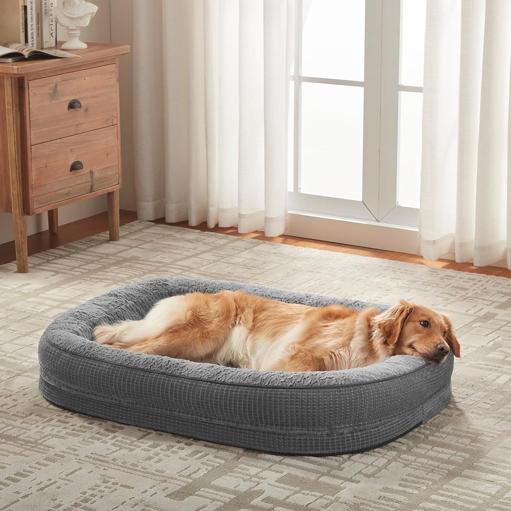 Grey Memory Foam Dog Bed - Extra Large Orthopedic Couch with Waterproof Lining