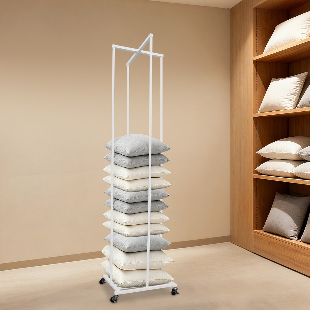 Rolling Pillow Storage Rack Organizer Adjustable Pillow Display Rack White New