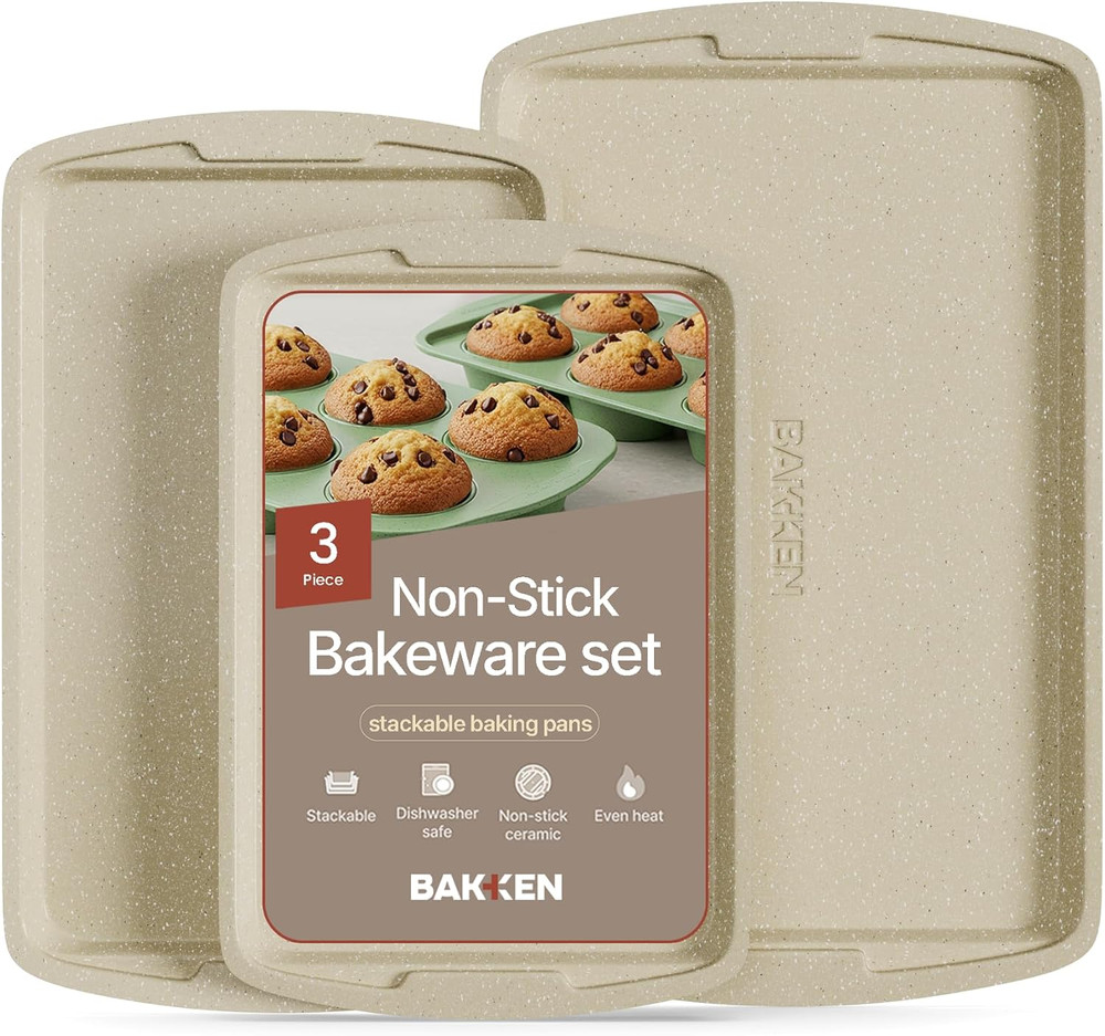 Bakken Swiss Cookie Sheet 3 Piece Set - Non-Stick, Stackable Baking Pans, White