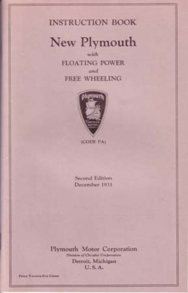 1931 Plymouth PA Code Instruction Owners Manual User Guide Operator Book OEM