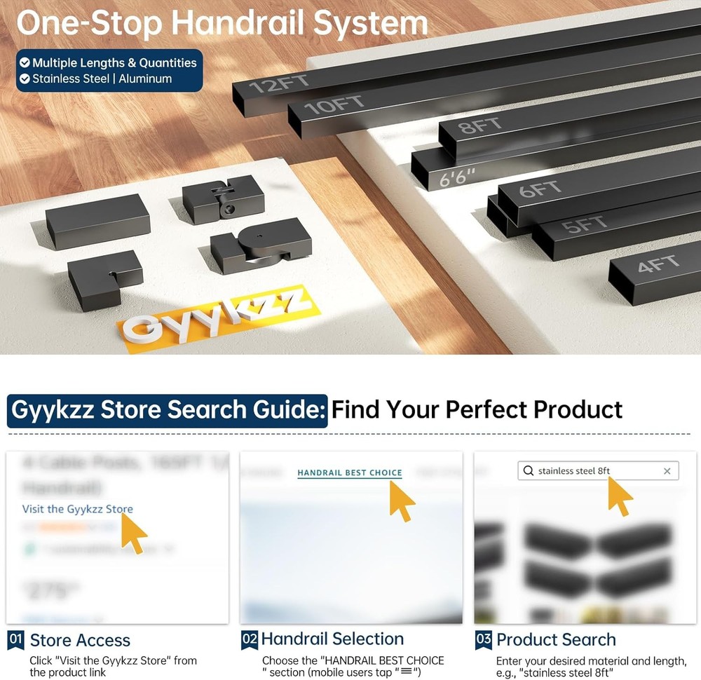 8FT Stainless Steel T304 Black Handrail, 2 Pack Rectangular Cuttable Handrail