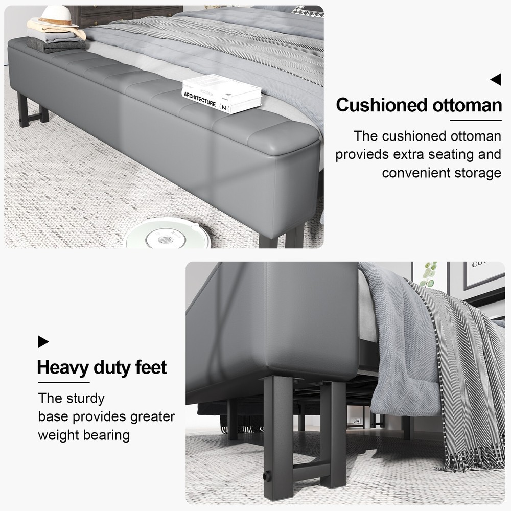 Upholstered Full/Queen/King Bed Frame with Starry Sky Light and Charging Station