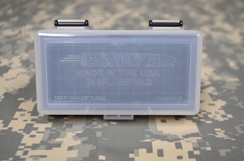 BERRY'S PLASTIC STORAGE AMMO BOX CLEAR COLOR .357/38 ACP 50 rd
