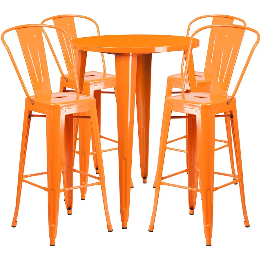 Flash Commercial Grade 30" Round Orange Metal Bar Table Set & 4 Cafe Stools