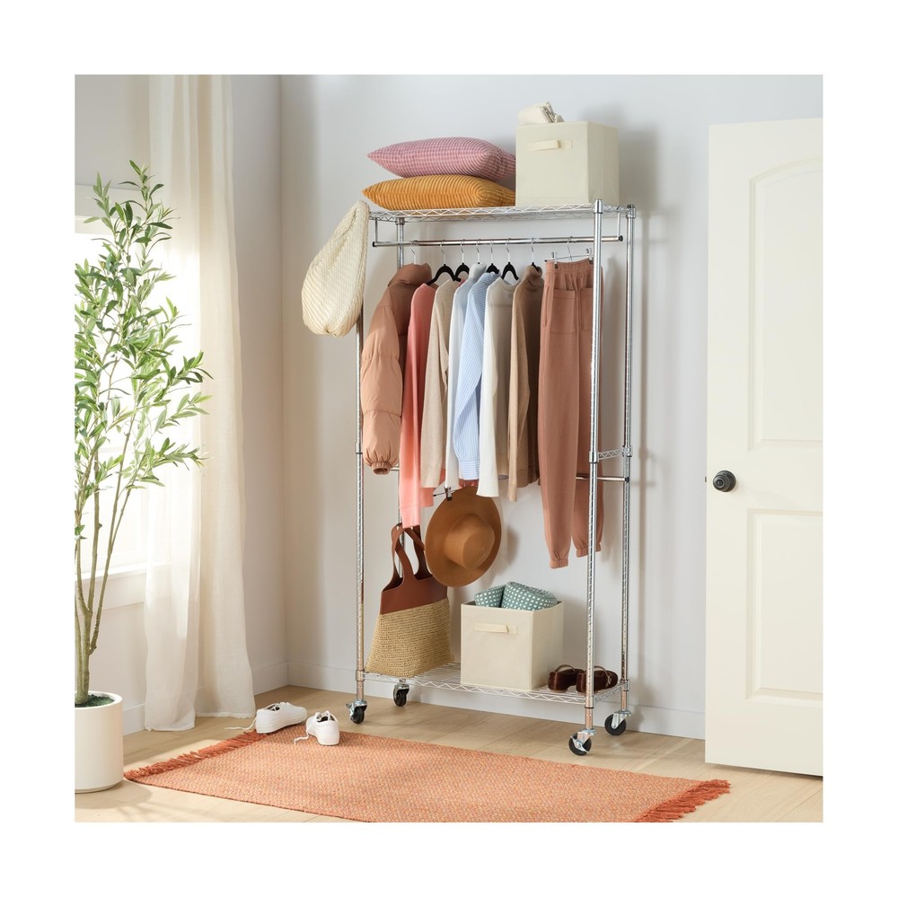 Amazon Basics Adjustable Double Rod Rolling Garment Rack, Hangi... USA FAST SHIP