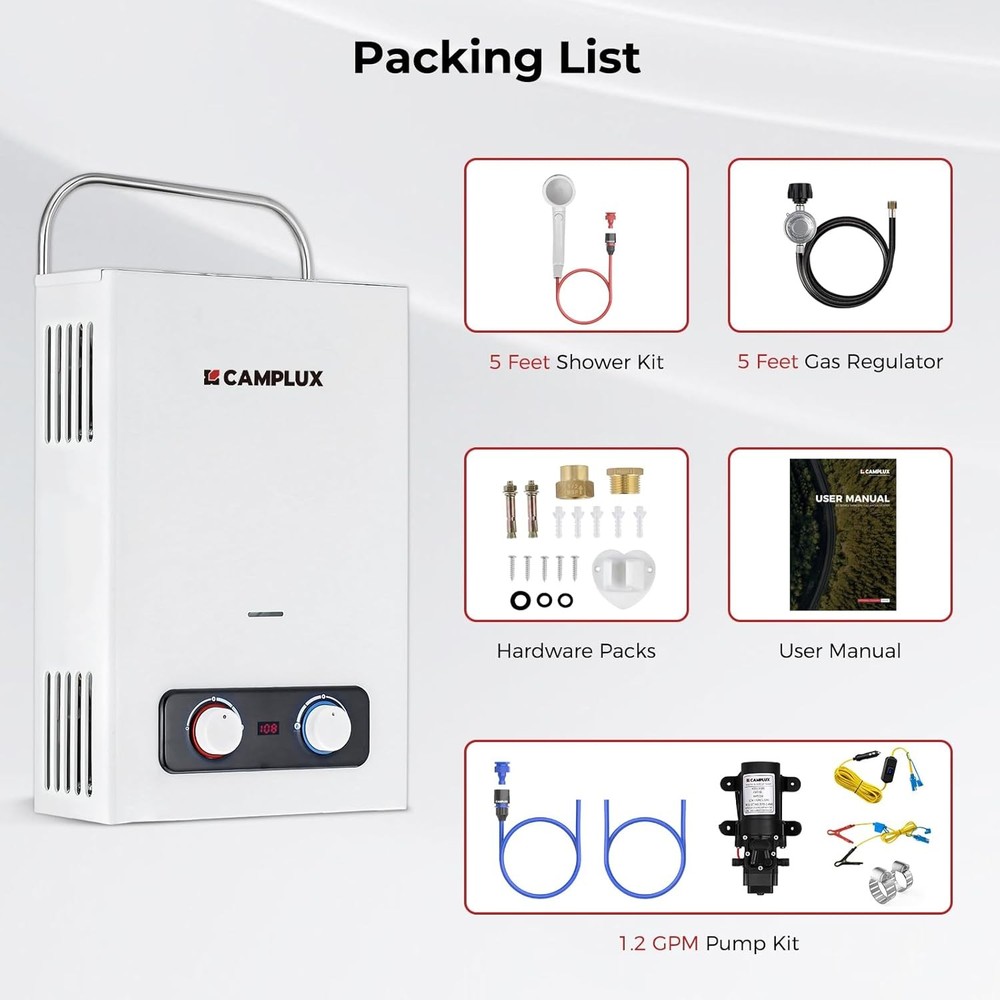 1.58GPM Tankless Propane Water Heater & 12V Pump Kit Portable Shower for Outdoor