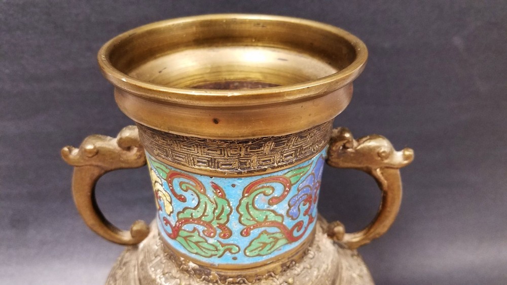 Vintage Two Handled Bronze Champleve' Cloisonne" Enamel Vase