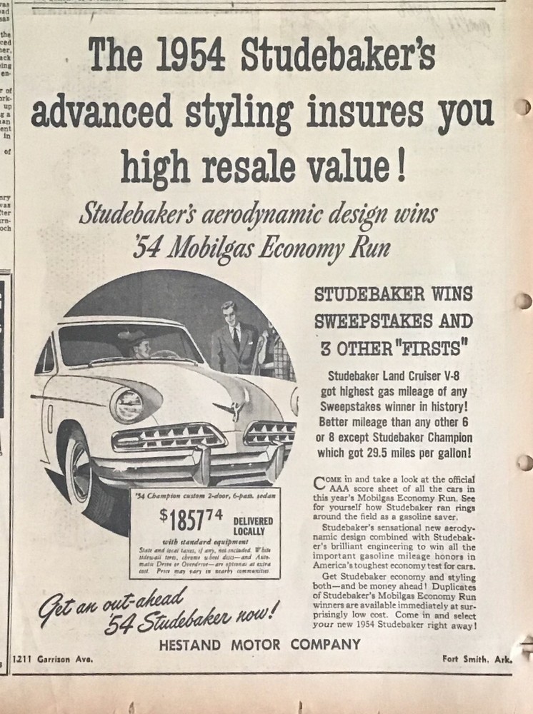 1954 newspaper ad for Studebaker - advanced styling insures high resale value