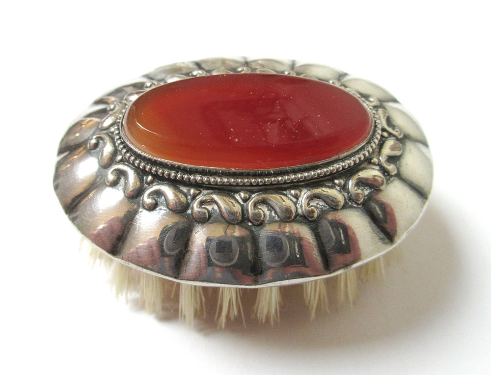 Vintage Cased Silver Baby Brush with Agate