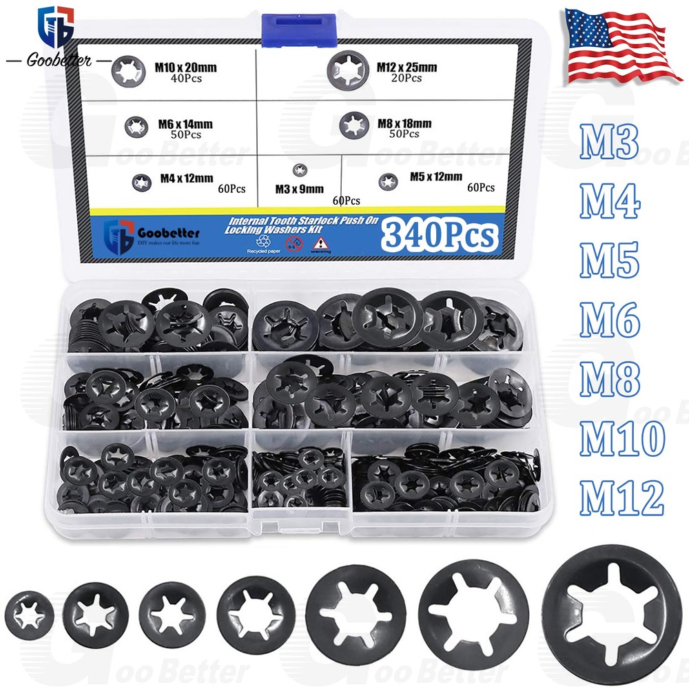 340 Pcs Internal Teeth Star Lock Spring Quick Washer Push-In Quick Nut Set Black