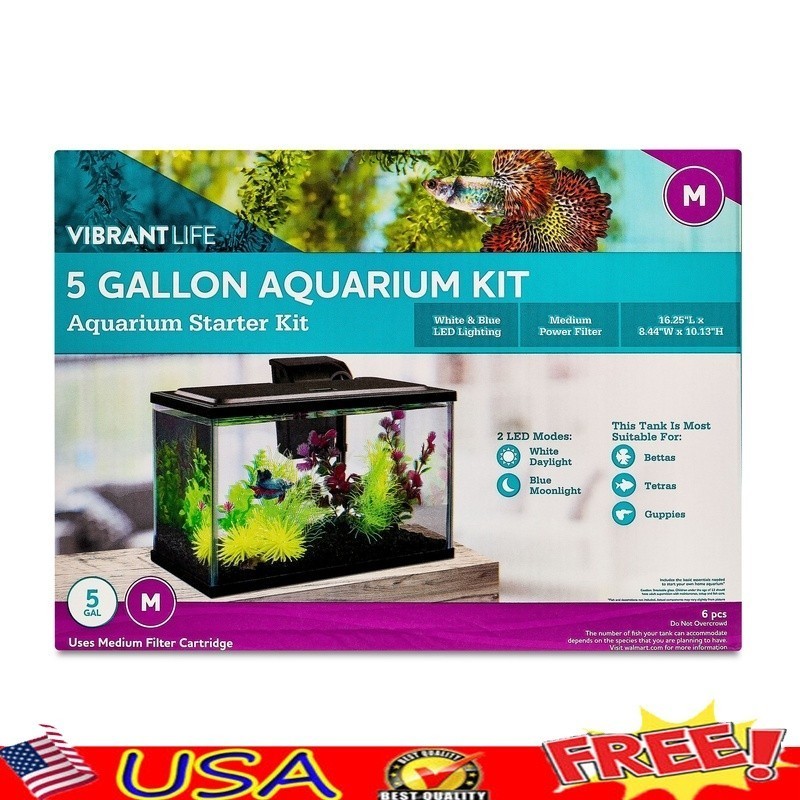 5 Gallon Glass Aquarium Kit W/ LED Light Medium Power Filter Small Fish Setup US