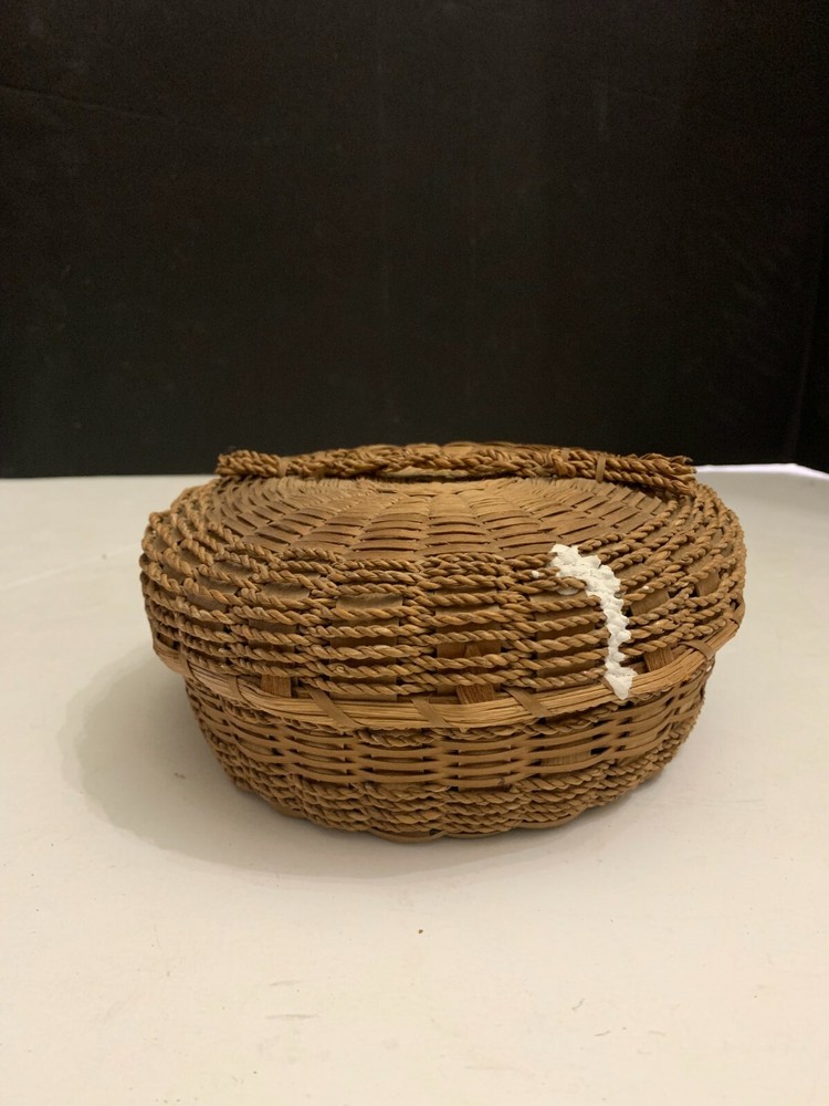 Vintage Round Woven Wicker Covered Sewing Box